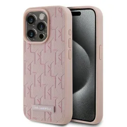 Custodia MagSafe per Apple iPhone 15 Pro Max, Karl Lagerfeld, Logo Metallico Monogramma, Rosa