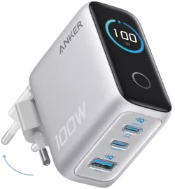 Caricabatterie da rete con cavo USB-C Anker Smart Display, 100W, 5A, 1 x USB-A - 2 x USB-C, Argento B121BG41