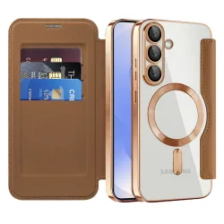 Custodia MagSafe per Samsung Galaxy S25+ S936, Techsuit, SmartMag Book, Marrone