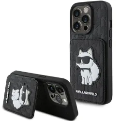 Custodia per Apple iPhone 15 Pro Max, Karl Lagerfeld, Saffiano Cardslots and Stand Monogram Choupette, Nera