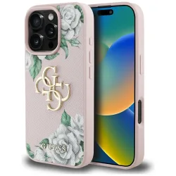 Custodia per Apple iPhone 16 Pro, Guess, 4G Grained Roses Big Logo, Rosa