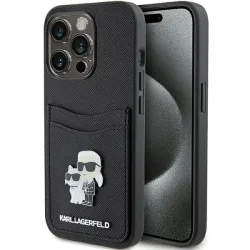 Custodia per Apple iPhone 15 Pro, Karl Lagerfeld, Saffiano Card Slot Metal Karl & Choupette, Nera