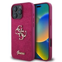 Custodia per Apple iPhone 16 Pro, Guess, Glitter Big 4G Script, Magenta