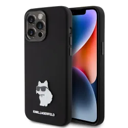 Custodia per Apple iPhone 15 Pro Max, Karl Lagerfeld, Silicone Choupette Metal, Nera
