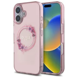 Custodia MagSafe per Apple iPhone 16, Guess, IML Flowers Wreath, Rosa