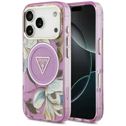 Custodia MagSafe per Apple iPhone 17 Pro Max, Guess, IML Metal Glitter Flowers Triangle, Viola