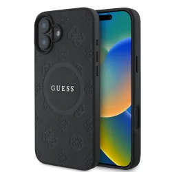 Custodia MagSafe per Apple iPhone 16, Guess, Saffiano Peony Classic Logo, Nera