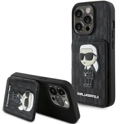 Custodia per Apple iPhone 15 Pro Max, Karl Lagerfeld, Saffiano Cardslots and Stand Monogram Ikonik Karl, Nera