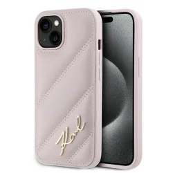 Custodia per Apple iPhone 15 Plus, Karl Lagerfeld, Diagonal Quilted Script, Rosa