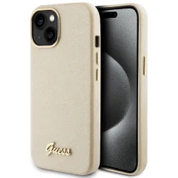 Custodia per Apple iPhone 15, Guess, Glitter Glossy Script, Beige