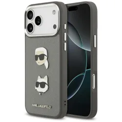 Custodia per Apple iPhone 17 Pro Max, Karl Lagerfeld, Grained Karl & Choupette's Heads Pins and Logo, Grigio