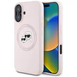 Custodia MagSafe per Apple iPhone 16, Karl Lagerfeld, Silicone Karl & Choupette's Heads, Rosa