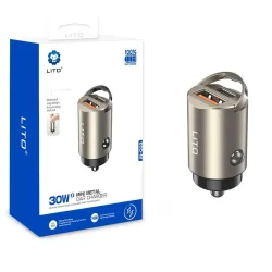 Caricabatterie Auto Lito IN-C03, 30W, 3A, 1 x USB-A - 1 x USB-C, Grigio