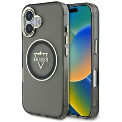 Custodia MagSafe per Apple iPhone 16, Guess, IML Metal Mountain Logo, Nera