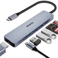 Hub USB-C Benfei, 3 x USB-A 3.0 - 1 x USB-C - 1 x HDMI - 1 x SD - 1 x microSD, Grigio
