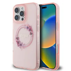 Custodia MagSafe per Apple iPhone 16 Pro Max, Guess, IML Flowers Wreath, Rosa