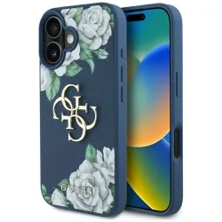 Custodia per Apple iPhone 16, Guess, 4G Grained Roses Big Logo, Blu