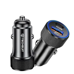 Caricabatterie Auto Techsuit C2 VoltDuo, 30W, 3A, 1 x USB-A - 1 x USB-C, Nero
