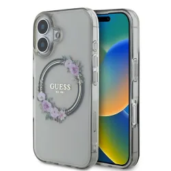 Custodia MagSafe per Apple iPhone 16, Guess, IML Flowers Wreath, Nera