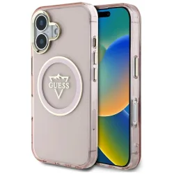 Custodia MagSafe per Apple iPhone 16, Guess, IML Metal Mountain Logo, Rosa
