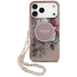 Custodia MagSafe per Apple iPhone 17 Pro Max, Guess, IML Flowers with Pearl Strap, Rosa