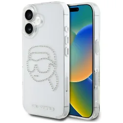 Custodia per Apple iPhone 16, Karl Lagerfeld, IML Rhinestones Karl's Head, Trasparente