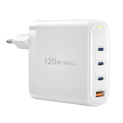 Caricatore di rete WiWu Wi-U020, 120W, 3A, 1 x USB-A - 3 x USB-C, bianco