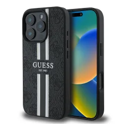 Custodia MagSafe per Apple iPhone 16 Pro Max, Guess, 4G Printed Stripes, Nera