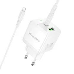 Caricabatterie da Rete con Cavo Lightning Borofone BN19 Intenso, 20W, 3A, 1 x USB-A - 1 x USB-C, Bianco