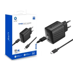 Caricabatterie da Rete con Cavo USB-C Lito LC22T, 45W, 3A, 2 x USB-C, Nero