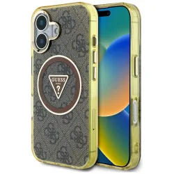 Custodia MagSafe per Apple iPhone 16, Guess, IML Glitter 4G Circle Triangle, Marrone