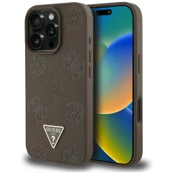 Custodia MagSafe per Apple iPhone 16 Pro, Guess, Peony Grained Hot Stamp Triangle, Marrone