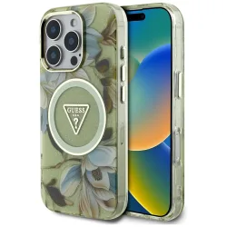 Custodia MagSafe per Apple iPhone 16 Pro Max, Guess, IML Metal Glitter Flowers Triangle, Verde