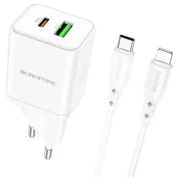 Caricabatterie da Rete con Cavo Lightning Borofone BN7, 20W, 3A, 1 x USB-A - 1 x USB-C, Bianco