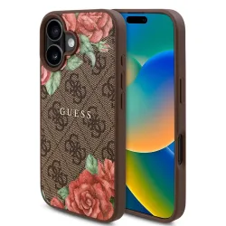 Custodia MagSafe per Apple iPhone 16, Guess, 4G Flowers Print, Marrone