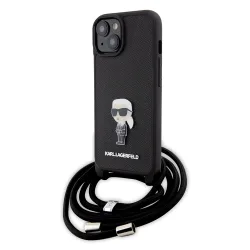 Custodia per Apple iPhone 15, Karl Lagerfeld, Saffiano Crossbody Monogram Metal Pin Karl, Nera
