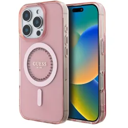 Custodia MagSafe per Apple iPhone 16 Pro Max, Guess, Anello IML con Strass, Rosa