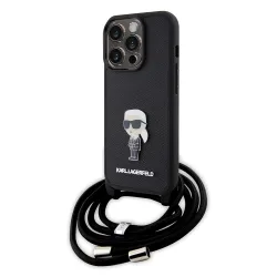 Custodia per Apple iPhone 15 Pro, Karl Lagerfeld, Saffiano Crossbody Monogram Metal Pin Karl, Nera