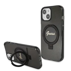 Custodia MagSafe per Apple iPhone 15, Guess, Ring Stand Script Glitter, Nera