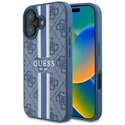 Custodia MagSafe per Apple iPhone 16, Guess, 4G Printed Stripes, Blu