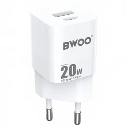 Caricabatterie di rete BWOO BO-CDA156, 20W, 3A, 1 x USB-A - 1 x USB-C, bianco
