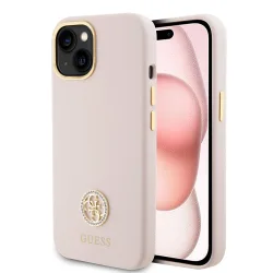 Custodia per Apple iPhone 15, Guess, Logo Strass 4G, Rosa Chiaro