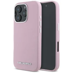 Custodia MagSafe per Apple iPhone 16 Pro Max, Karl Lagerfeld, Saffiano Full Wrapped Elongated Metal Logo, Rosa