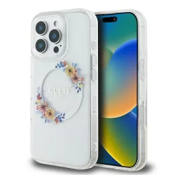 Custodia MagSafe per Apple iPhone 16 Pro, Guess, IML Flowers Wreath, Trasparente