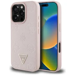 Custodia MagSafe per Apple iPhone 16 Pro, Guess, Peony Grained Hot Stamp Triangle, Rosa