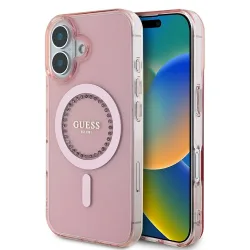Custodia MagSafe per Apple iPhone 16, Guess, Anello con Strass IML, Rosa