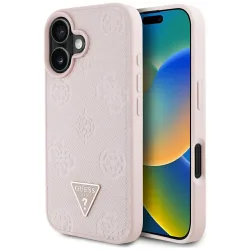 Custodia MagSafe per Apple iPhone 16, Guess, Peony Grained Hot Stamp Triangle, Rosa