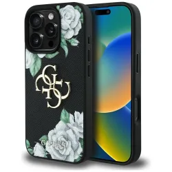 Custodia per Apple iPhone 16 Pro Max, Guess, 4G Grained Roses Big Logo, Nera