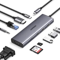 Hub USB-C UGREEN CM498 (15601), 3 x USB-A 3.0 - 1 x USB-C - 1 x HDMI - 1 x VGA - 1 x Jack 3.5mm - 1 x RJ45 - 1 x SD - 1 x microSD, Grigio