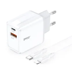 Caricatore da Rete con Cavo Lightning BWOO CDA182, 38W, 3A, 1 x USB-A - 1 x USB-C, Bianco
